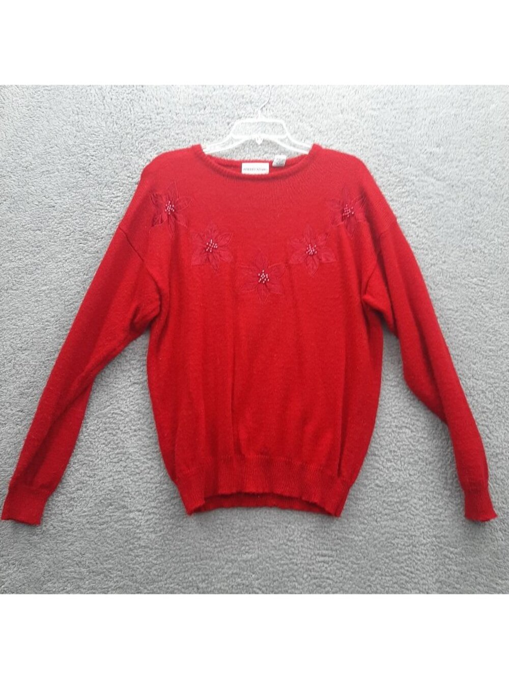 Vintage Red Poinsettia Christmas Sweater Long Sleeve Large Festive Cottagecore